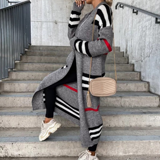 Knitted Cardigan Striped Patchwork Loose Long Outerwear