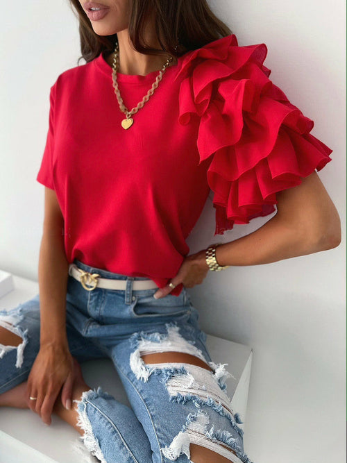 O Neck Solid Blouse Shirt Layered Ruffle Tops Blusa