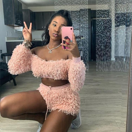 Two Piece Set Sexy Off Shoulder Backless Crop Top Shorts 2 Piece Set