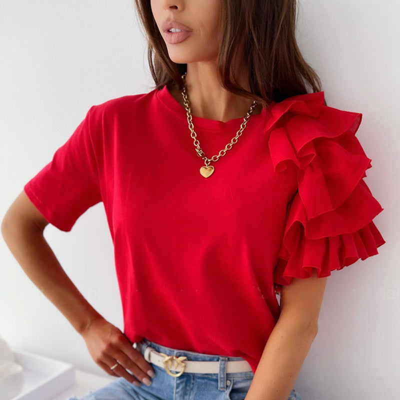 O Neck Solid Blouse Shirt Layered Ruffle Tops Blusa