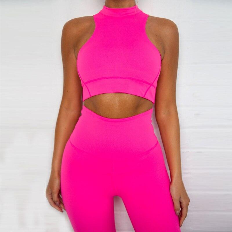 sleeveless camis elastic leggings two 2 pieces neon pink set