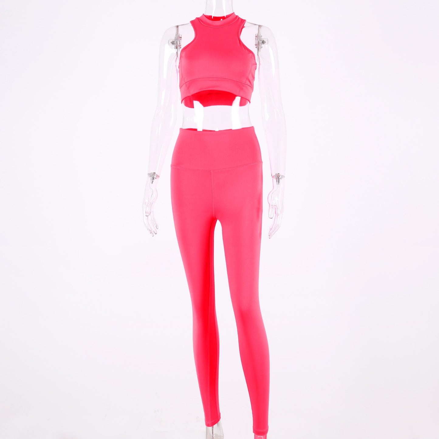 sleeveless camis elastic leggings two 2 pieces neon pink set