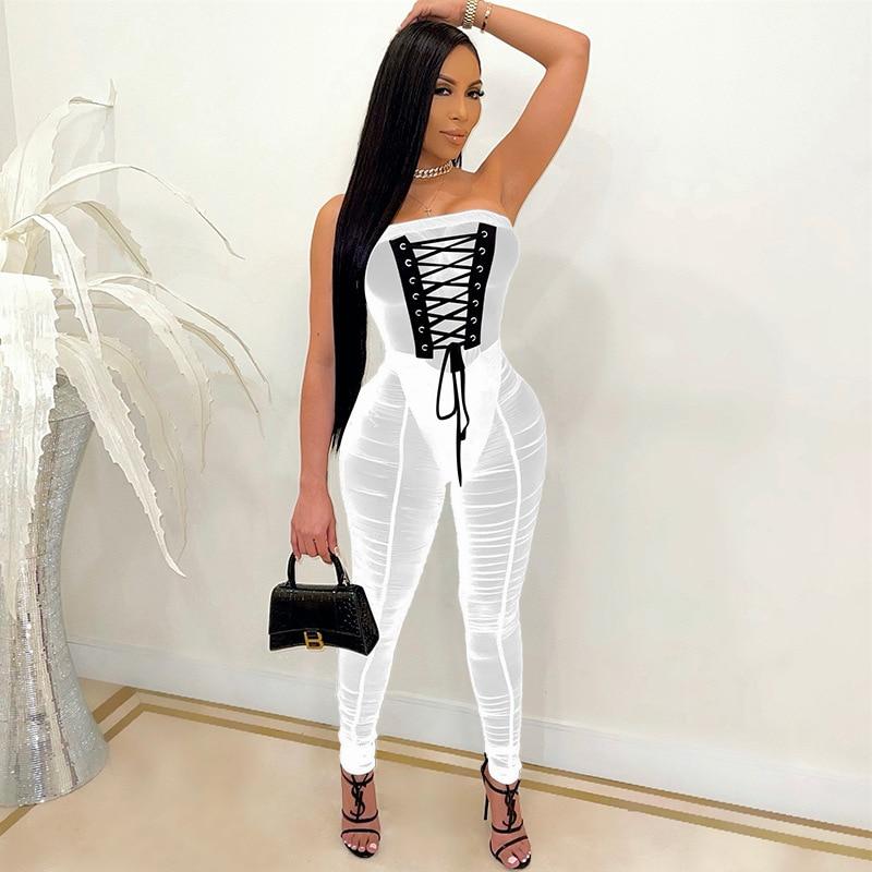 See Through Caged Mesh jumpsuit (Black) Summer Tied Stacked Skinny