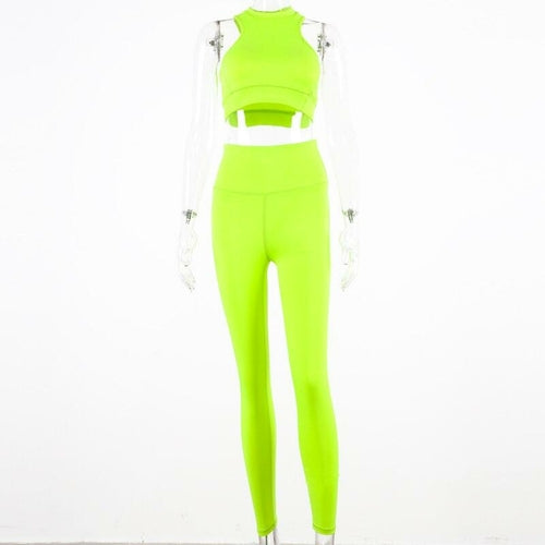 sleeveless camis elastic leggings two 2 pieces neon pink set