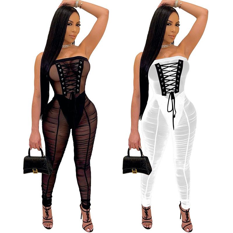 See Through Caged Mesh jumpsuit (Black) Summer Tied Stacked Skinny