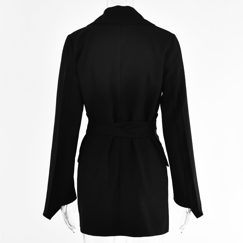 Solid Color Long Sleeved Cardigan Strap Belted Waist Jacket