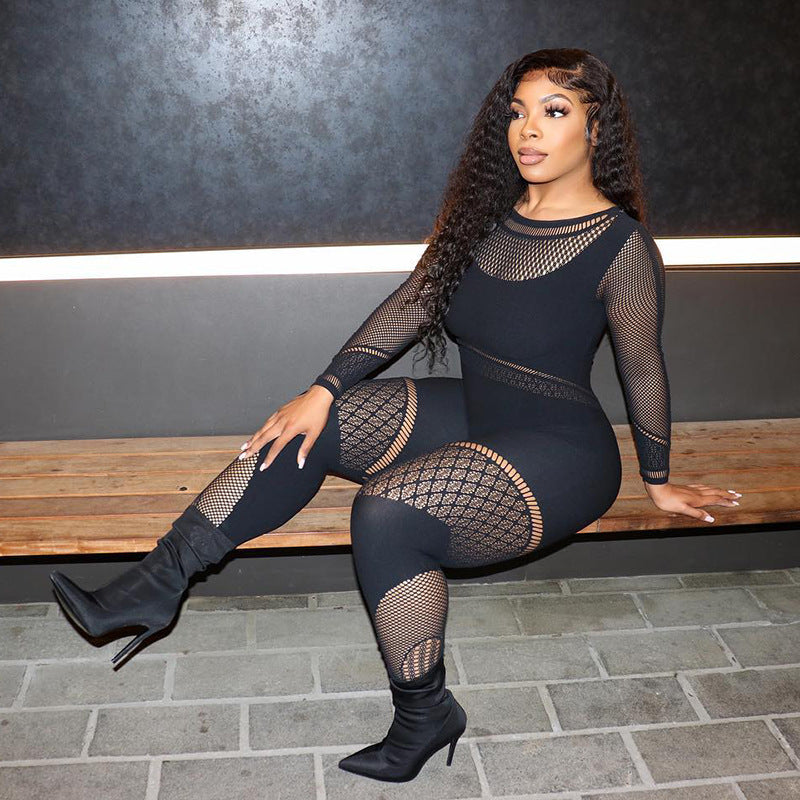 Fashion See-through Sexy Long Sleeve Mesh Jumpsuit