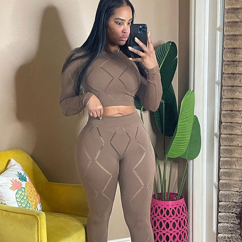 Sexy Hollow High Waist Tight Trousers Casual Sports Suit