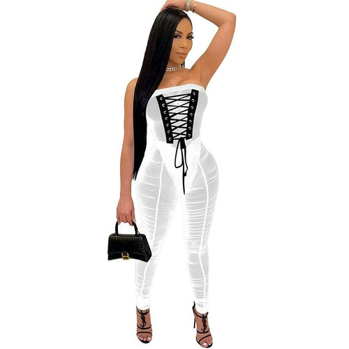 See Through Caged Mesh jumpsuit (Black) Summer Tied Stacked Skinny