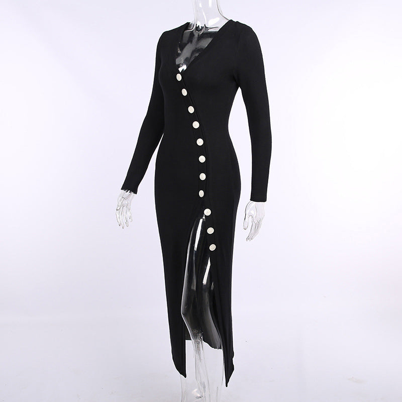 Knitted Women Long Sleeve Hem Slit With Button Dress