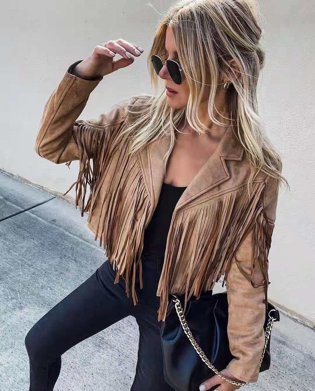 Fringed Hem Tassel Cardigan Crop Tops Motor Biker Jacket Suede Leather