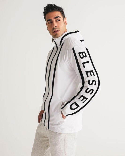 Mens Hooded Windbreaker - Blessed Sleeve Stripe White Water Resistant