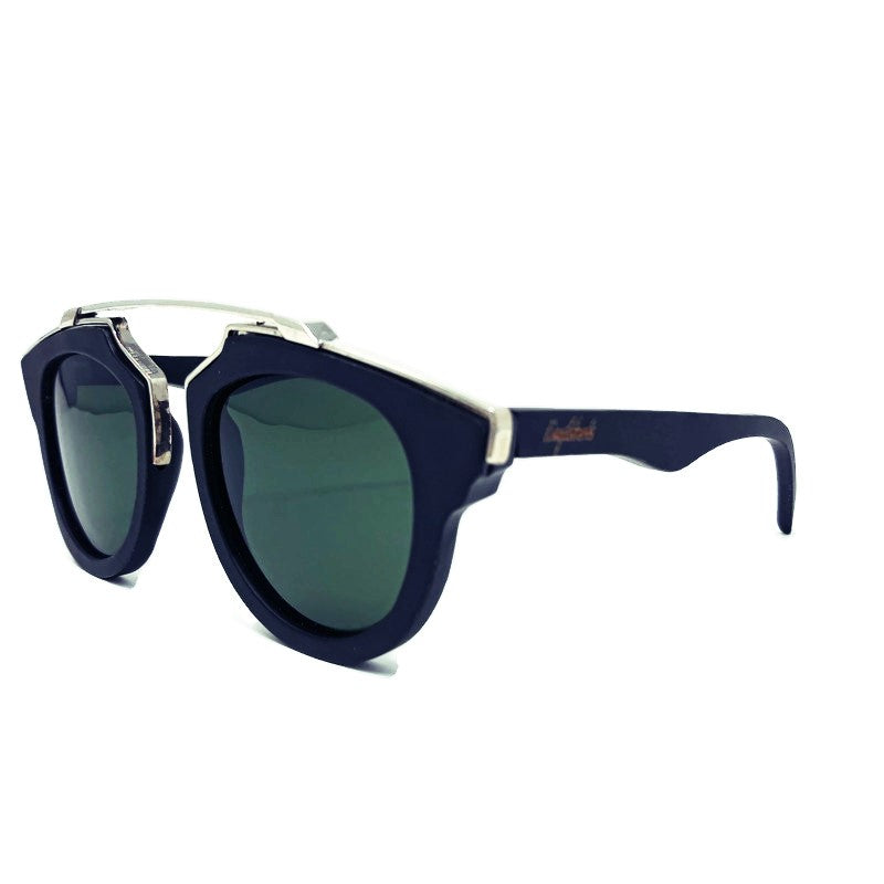 Black Bamboo and Silver Trim Sunglasses, Green Lenses