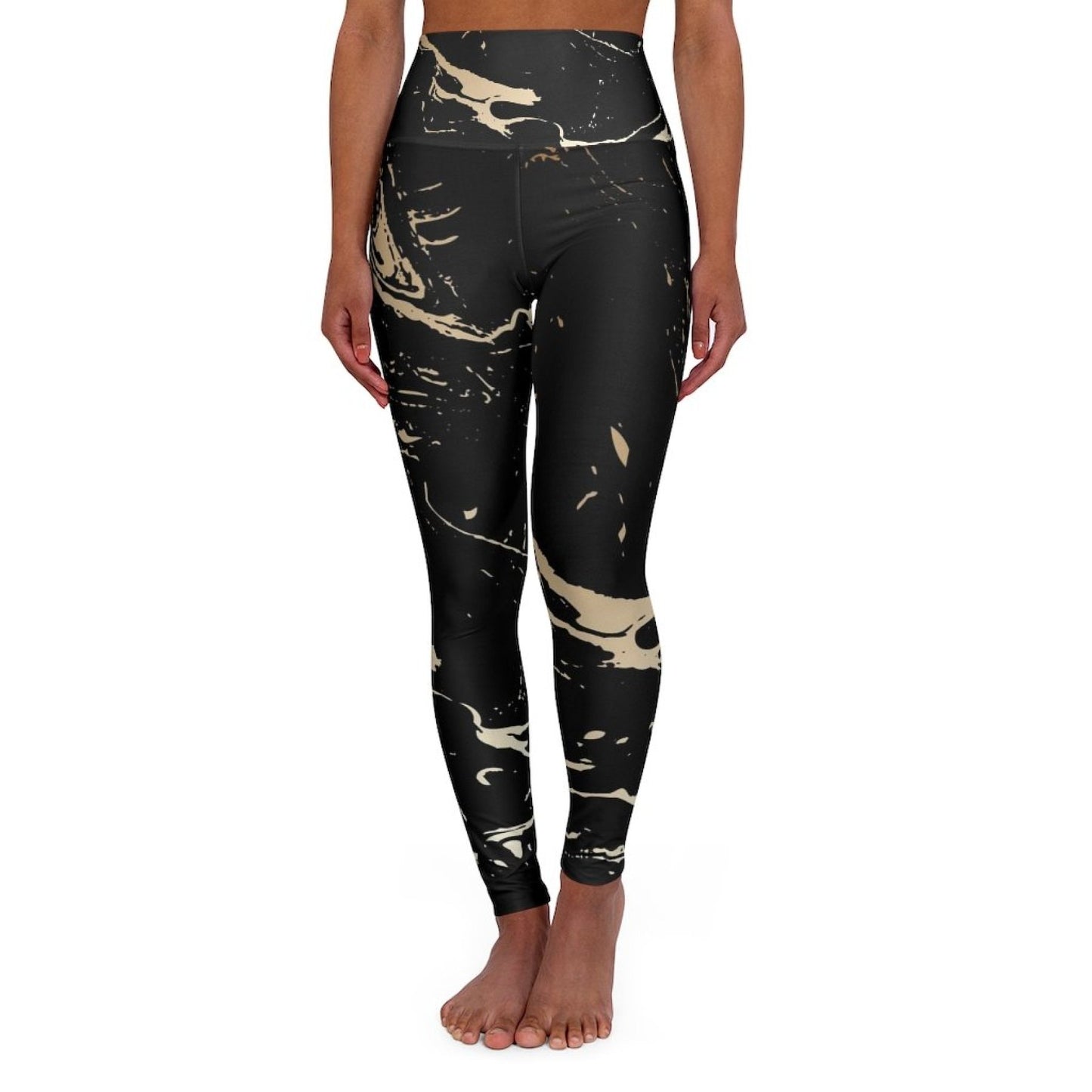 High Waisted Yoga Pants, Black And Gold Swirl Style Sports Pants