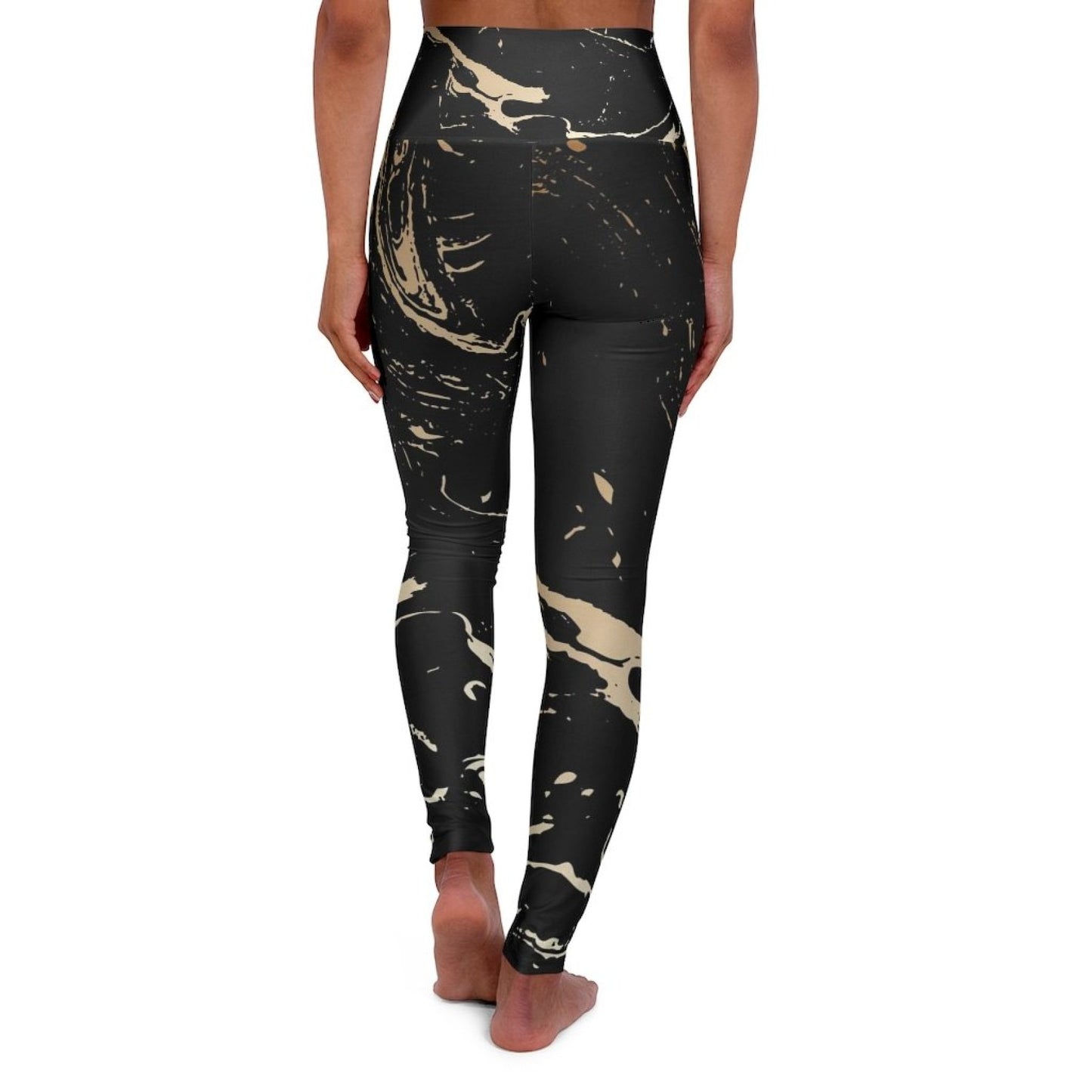 High Waisted Yoga Pants, Black And Gold Swirl Style Sports Pants